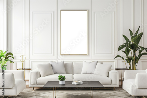 Mockup frame on white living room wall with sofa and pillows