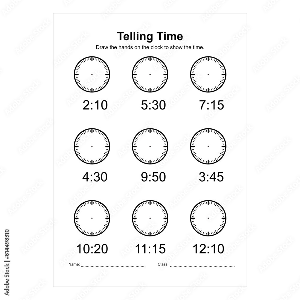 Naklejka premium Time and Clock Worksheets. Math Worksheets: Telling Time. Analog Time Worksheets for Kids.