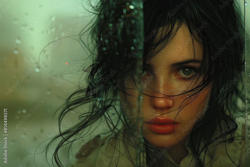 Naklejka premium Glass-Gazing Beauty: Hyperrealistic Cityscape featuring a Girl with Flowing Hair