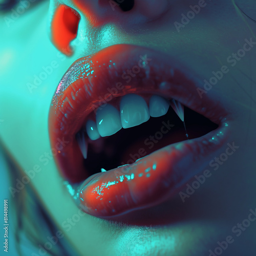 Gros plan sur la bouche d'un vampire femme, ou d'une femme aux dents de vampire, canines pointues, bouche entrouverte avec du rouge à lèvre photo