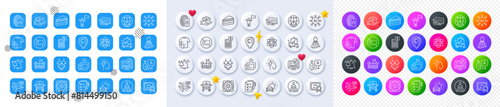 Wash t-shirt, Cake and Hold box line icons. Square, Gradient, Pin 3d buttons. AI, QA and map pin icons. Pack of Car review, Arena, Leadership icon. Certificate, Card, Vip flight pictogram. Vector