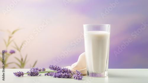Glass of tasty oat milk on purple background