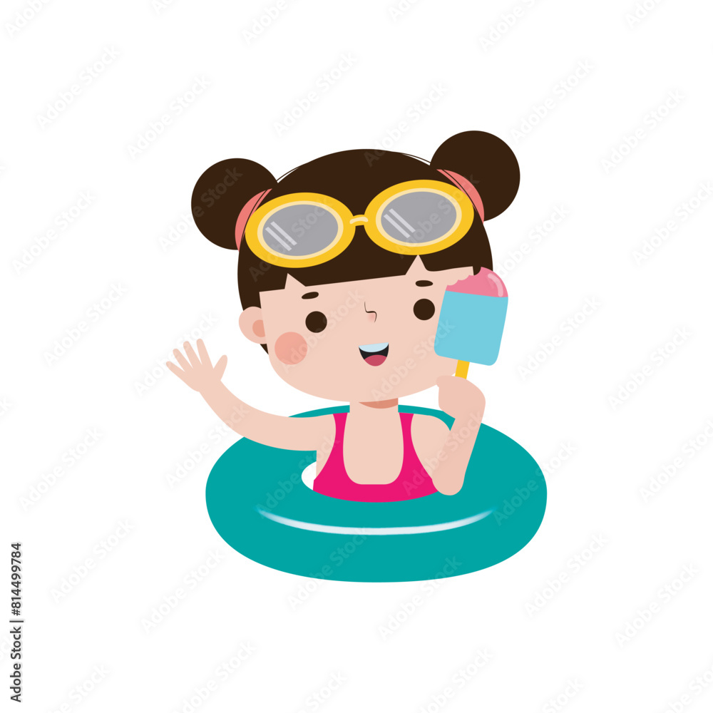 Cute kid wearing float ring and eating ice cream in Pool party, cartoon character flat style vector illustration on white background Cute kid wearing float ring and eating ice cream in Pool party, cartoon character flat style vector illustration on white background