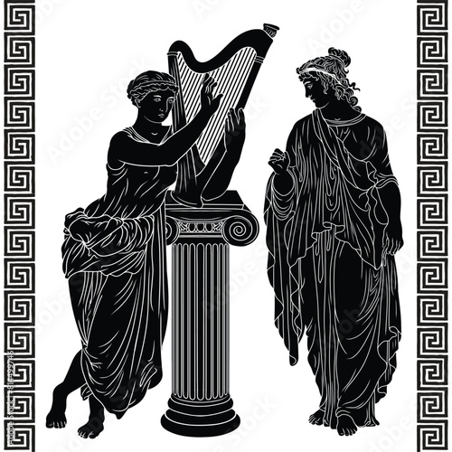 Two ancient Greek women in a tunic stands near a pedestal with a harp and plays music. Drawing isolated on white background