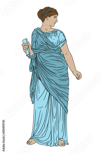 An ancient Greek young woman in a tunic stands and holds a papyrus scroll. Drawing isolated on white background
