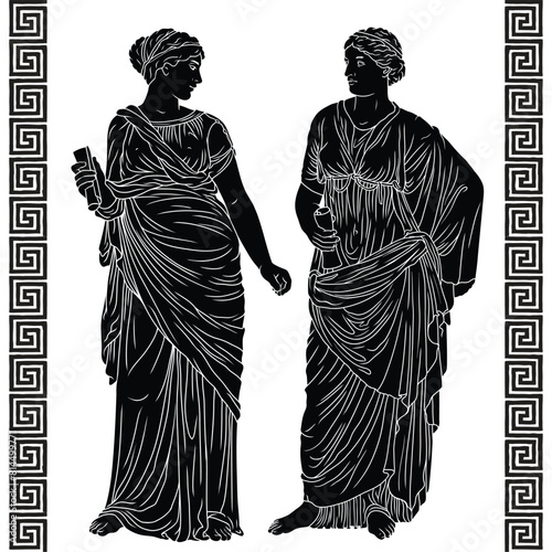 Two ancient Greek women in a tunic stands and holds a papyrus scroll. Drawing isolated on white background