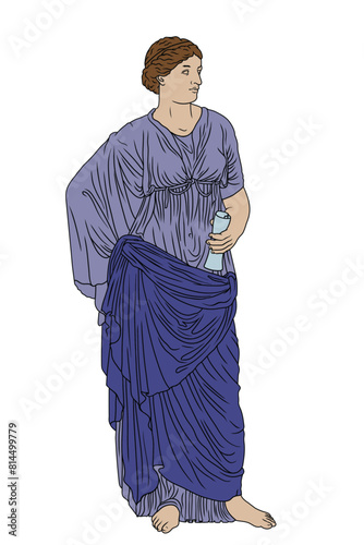 An ancient Greek young woman in a tunic stands and holds a papyrus scroll. Drawing isolated on white background