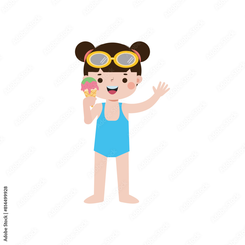 Cute kid wearing swimsuit with ice cream on the beach, cartoon character flat style vector illustration on white background Cute kid wearing swimsuit with ice cream on the beach, cartoon character flat style vector illustration on white background