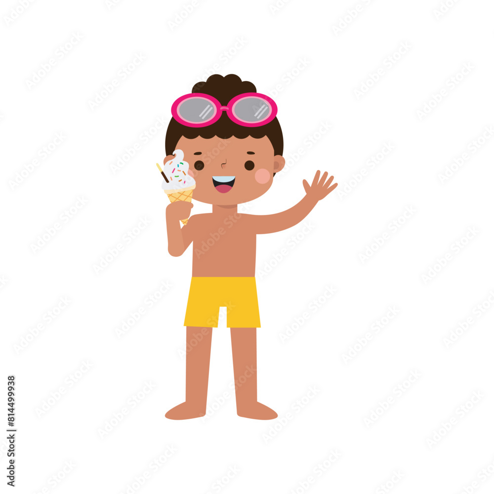Cute kid wearing swimsuit with ice cream on the beach, cartoon character flat style vector illustration on white background Cute kid wearing swimsuit with ice cream on the beach, cartoon character flat style vector illustration on white background