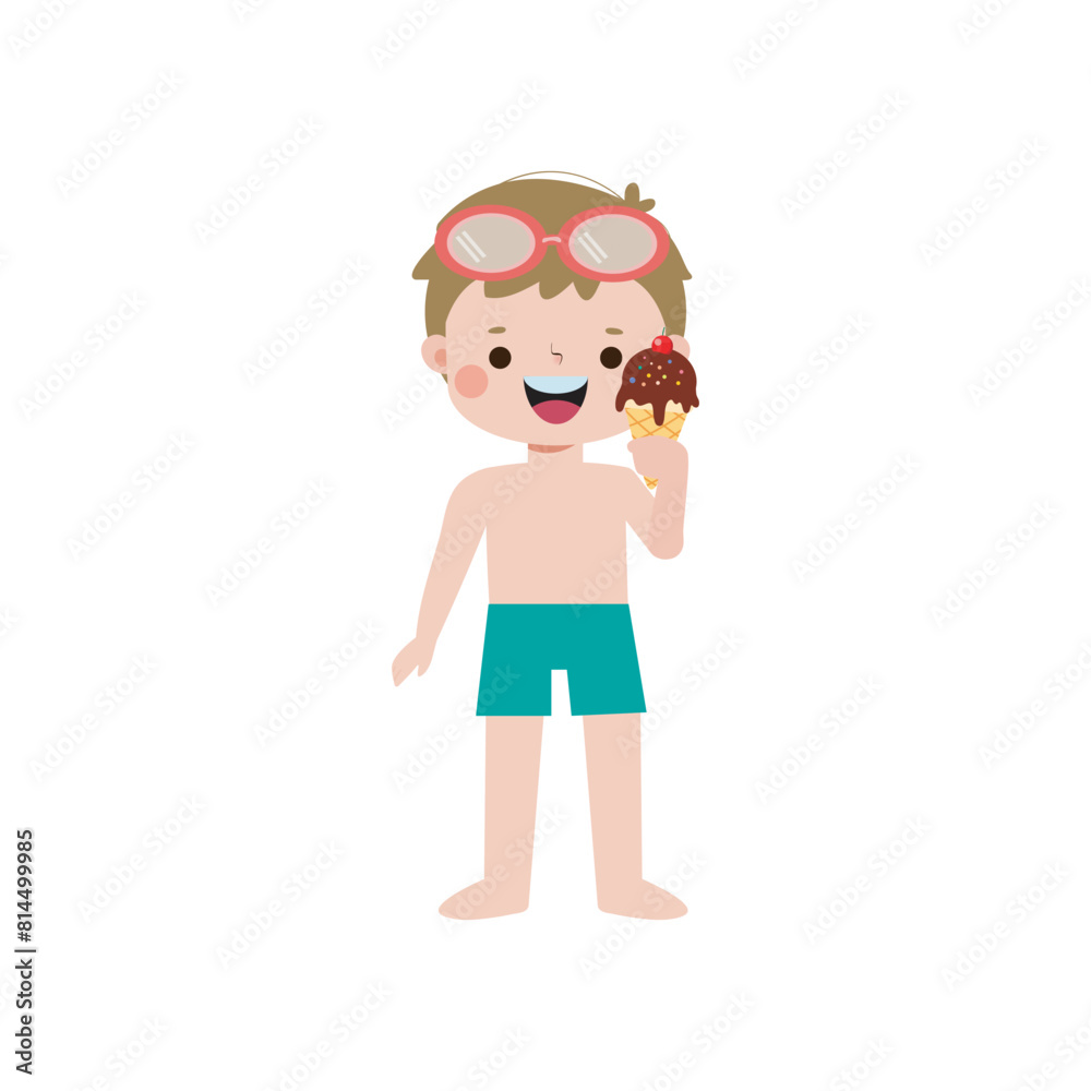 Cute kid wearing swimsuit with ice cream on the beach, cartoon character flat style vector illustration on white background Cute kid wearing swimsuit with ice cream on the beach, cartoon character flat style vector illustration on white background