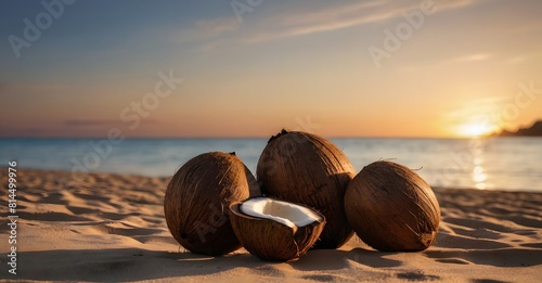 Coconuts on a tropical beach background. food, health, skincare, concept. Coconut wallpaper, banner