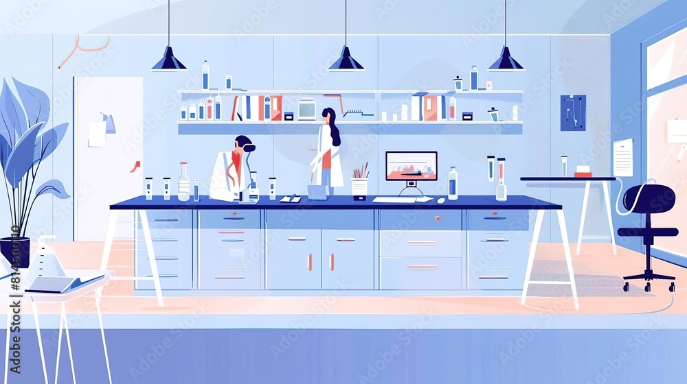 Two scientists in lab coats work at a lab bench. One is holding a test tube. The other is pouring a liquid from a beaker. Two scientists in lab coats work at a lab bench. One is holding a test tube. The other is pouring a liquid from a beaker.