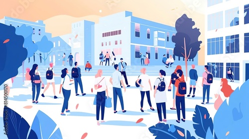 A group of diverse students walk around a college campus on a sunny day.