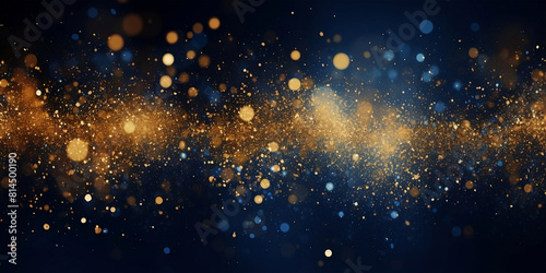 Gold sparkle splatter border . Gold Foil Frame Gold blue and gold banner celebrations brush stroke on blue background golden star. Cosmic glittering.