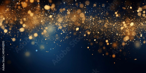 Gold sparkle splatter border . Gold Foil Frame Gold blue and gold banner celebrations brush stroke on blue background golden star. Cosmic glittering. photo