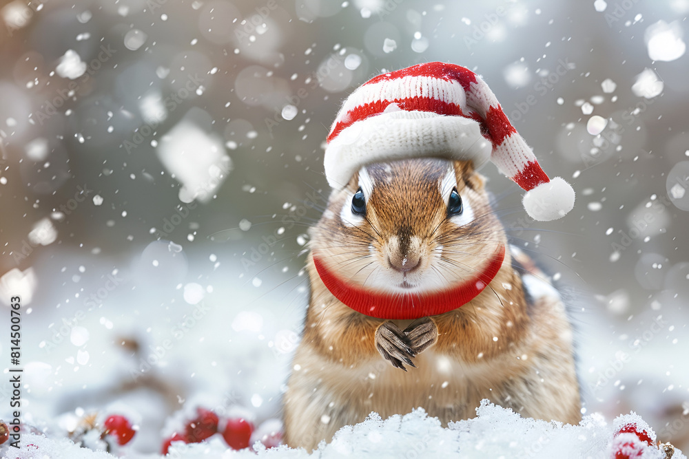 Chipmunk in snow with winter clothes like Santa Claus.. Christmas style hat and sweater. Funny animals in winter.