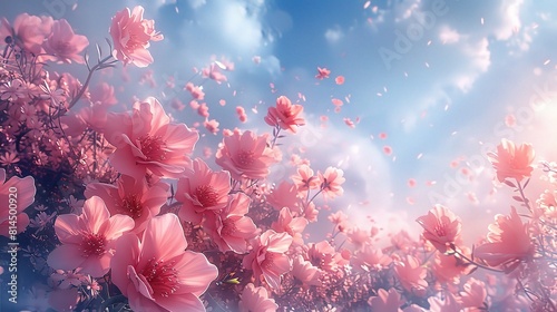 Bright pink flowers bloom against a clear blue sky  depicting a beautiful spring season