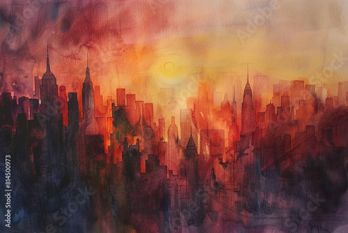 A watercolor painting of a cityscape in warm colors 