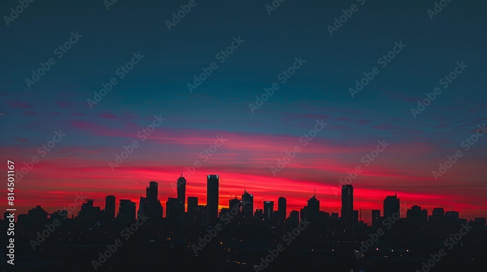 A cityscape at sunset, the city silhouetted against the vibrant hues of the setting sun
