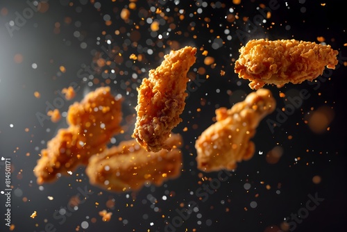 Fried chicken pieces in dynamic mid air motion levitating and bouncing with dramatic energy and