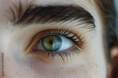 Close up of a woman with piercing hazel eyes stands in the rain