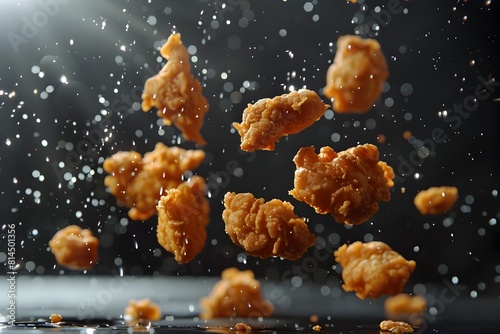 Levitating Fried Chicken Pieces in Frozen Motion Conceptual Food Art with Crispy Shattered