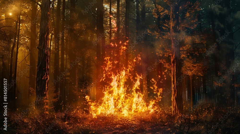 Sacred fire burns in heart of forest flickering flames cast shadows wallpaper