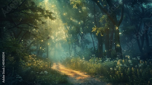 Ethereal moonbeams filter through trees soft glow illuminates path wallpaper photo