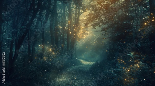 Ethereal moonbeams filter through trees soft glow illuminates path wallpaper