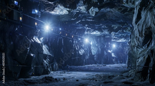 Bright lights strung across a vast, shadowy cavern with rough rock walls and a pathway leading into the darkness. photo