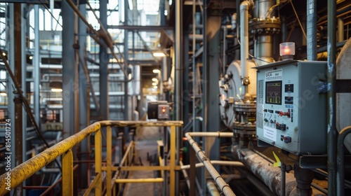 A control panel mounted on a metal structure within an industrial facility, with complex pipelines and equipment in the background. © Emiliia