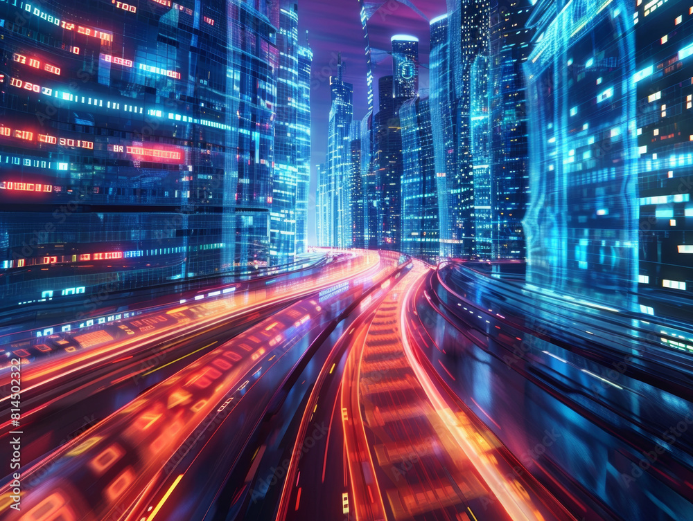 Smart digital city with high speed light trail of cars of digital data transfer , futuristic  - ai