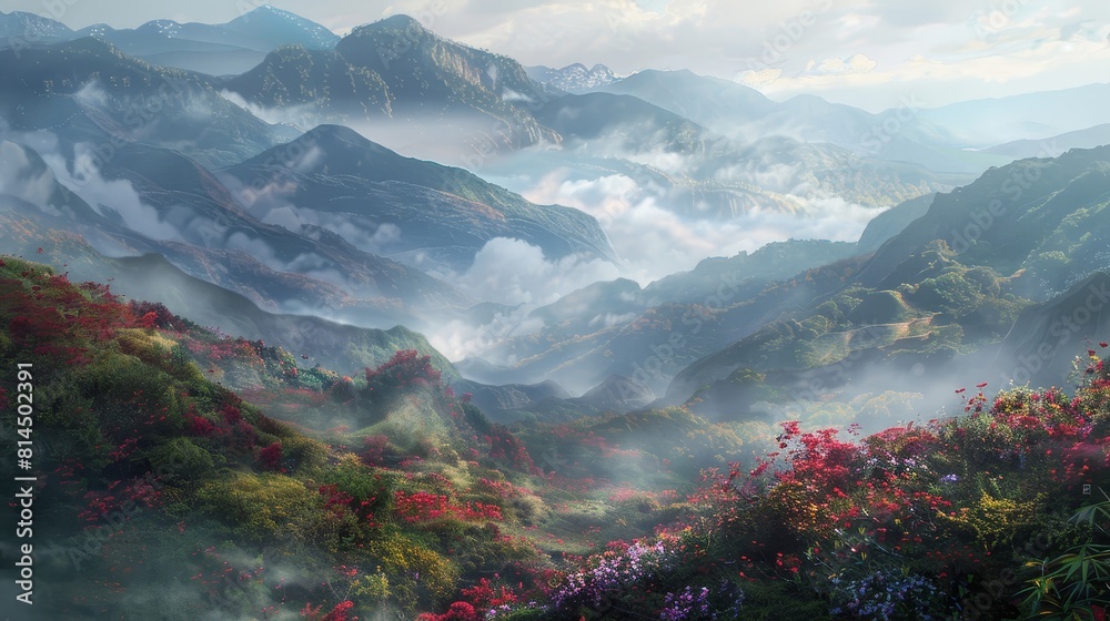 Fototapeta premium Mist-shrouded valleys with colorful flowers and foliage wallpaper