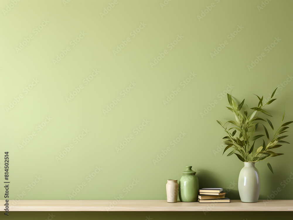 Mock up product presentation mock up, olive green wall with decorating plant in a vase, free copy space background Mock up product presentation mock up, olive green wall with decorating plant in a vase, free copy space background