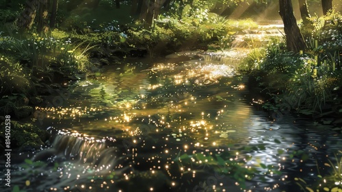 Sparkling streams reflecting surrounding flora in light wallpaper