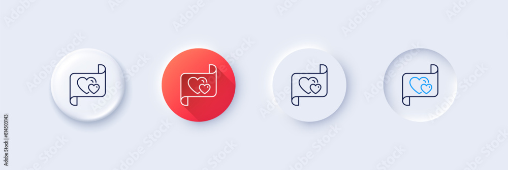 Love letter line icon. Neumorphic, Red gradient, 3d pin buttons. Heart mail sign. Valentine day symbol. Line icons. Neumorphic buttons with outline signs. Vector Love letter line icon. Neumorphic, Red gradient, 3d pin buttons. Heart mail sign. Valentine day symbol. Line icons. Neumorphic buttons with outline signs. Vector