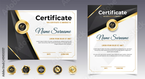 Certificate of appreciation template, gold and black color. Clean modern certificate with gold badge. Certificate border template with luxury and modern line pattern. Diploma vector template