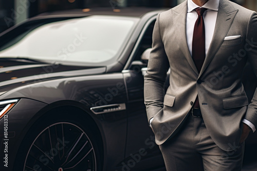 Man in a stylish suit posing by luxury car. Ai Generative © ArtmediaworX