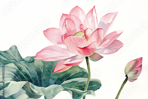 A watercolor painting of a pink lotus flower with green leaves and a bud on a white background 
