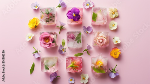 Floral Ice Blocks on Pink Background