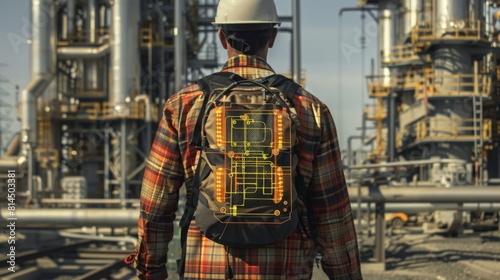 A male engineer stands before a refinery, reviewing a holographic blueprint projected from his backpack.