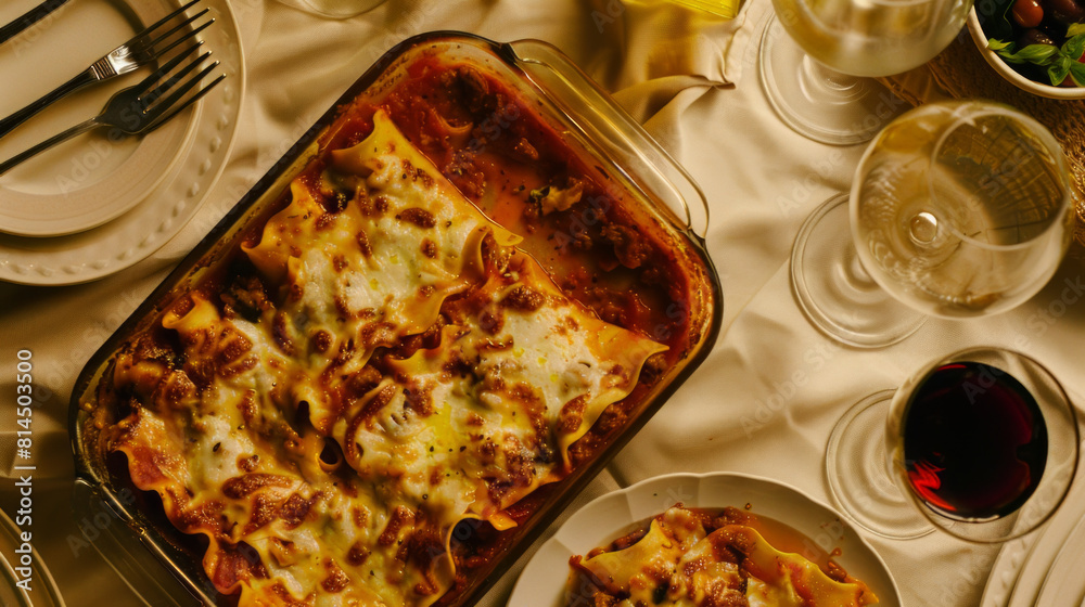 Golden Baked Lasagna in Casserole Dish Close-Up Golden Baked Lasagna in Casserole Dish Close-Up