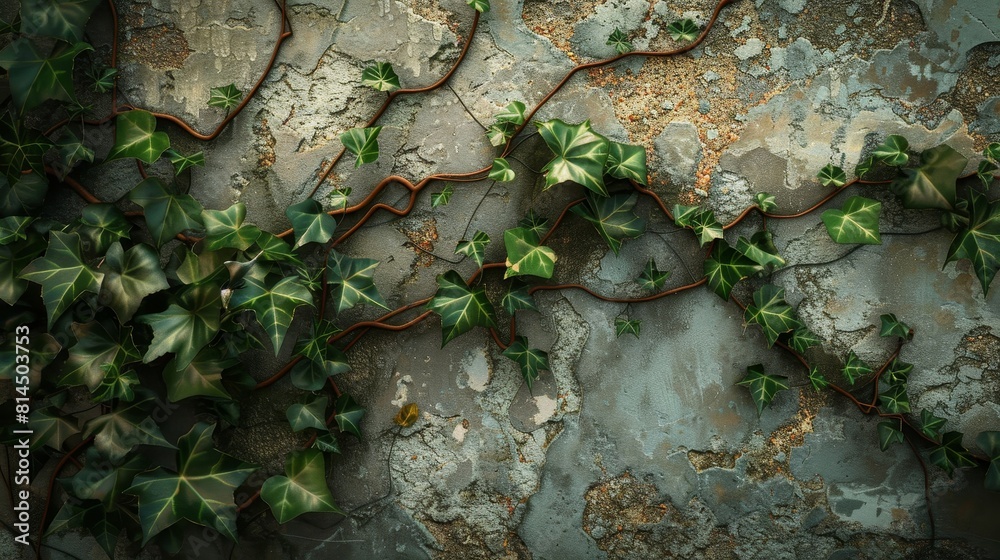 Naklejka premium Ivy twists on weathered walls with delicate leaves wallpaper