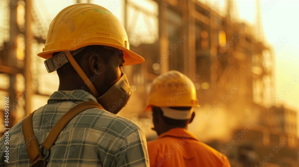 Two workers in hard hats and masks at a construction site during a hazy sunset. Two workers in hard hats and masks at a construction site during a hazy sunset.