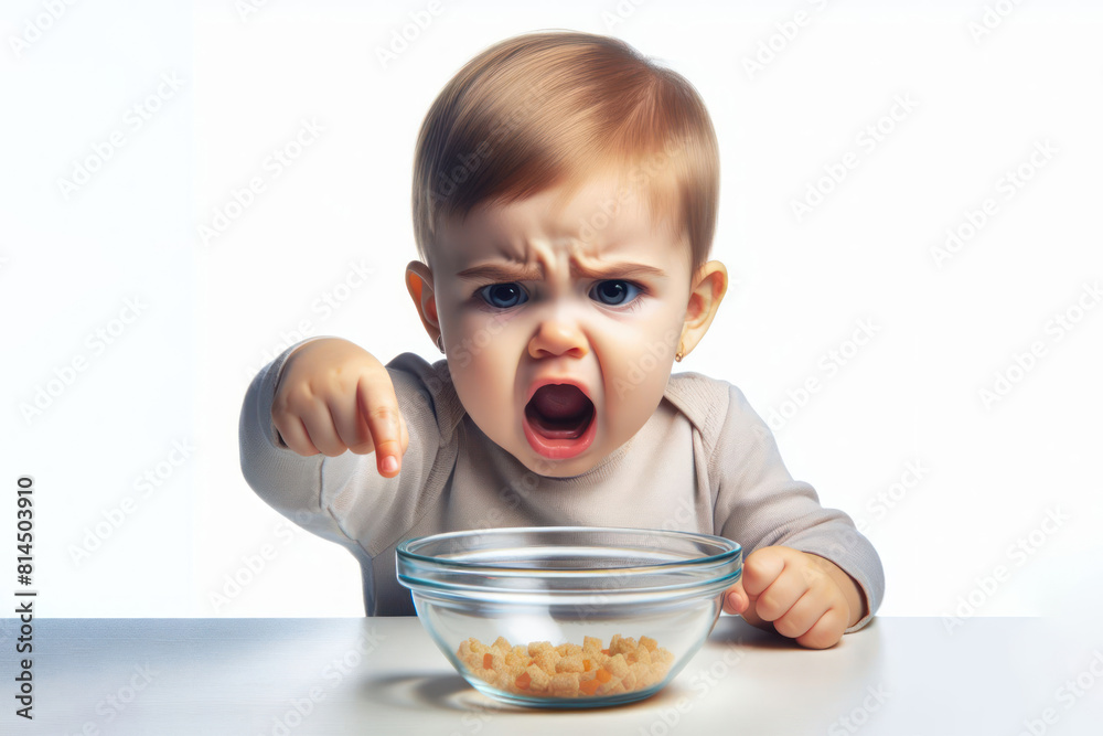 Angry baby pointing on bowl with food Isolated on white background Angry baby pointing on bowl with food Isolated on white background