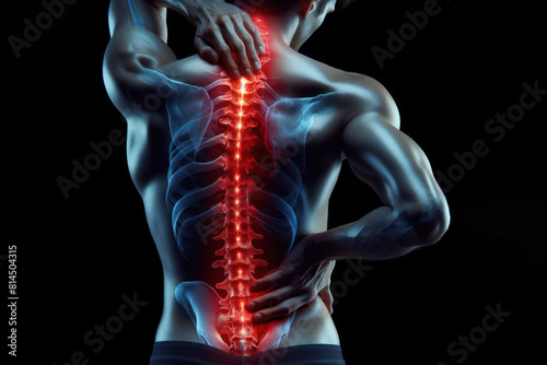 Pinched nerve in lower back and neck with spine pain Isolated on black background