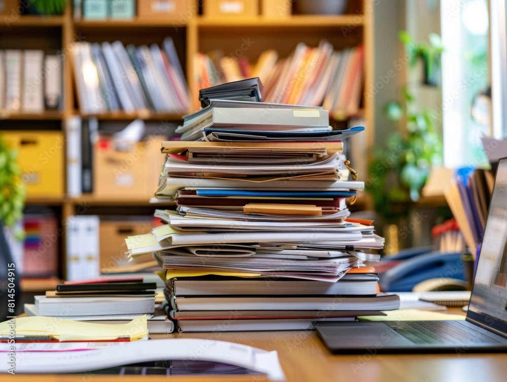 large piles of files piled up on a desk, heavy workload - ai large piles of files piled up on a desk, heavy workload - ai