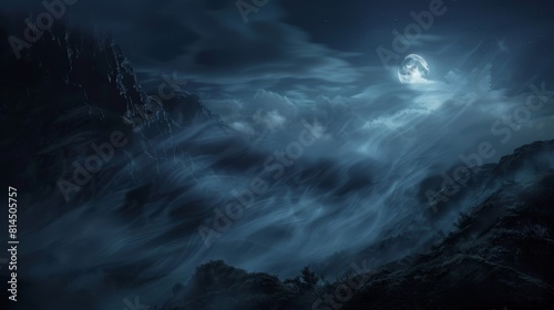 Misty tendrils create an otherworldly atmosphere in the moonlit landscape wallpaper