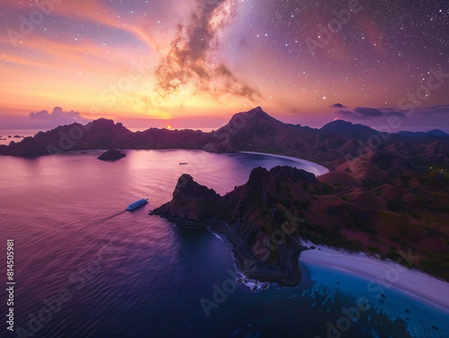 aerial view of beautiful padar island during sunrise with minor milkyway seen - AI photo
