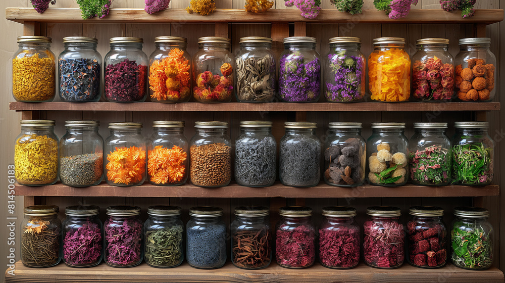 A visually rich composition featuring a traditional herbal medicine apothecary, with shelves lined with jars of dried herbs, roots, and flowers, each meticulously labeled with thei A visually rich composition featuring a traditional herbal medicine apothecary, with shelves lined with jars of dried herbs, roots, and flowers, each meticulously labeled with thei